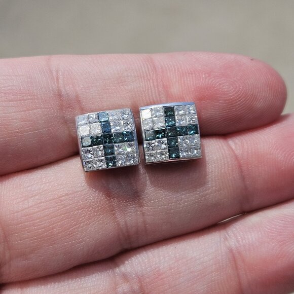 14K White Gold Blue Diamond Cross Princess Stud Earrings 1.50TCW 4.13 Grams - Picture 2 of 16